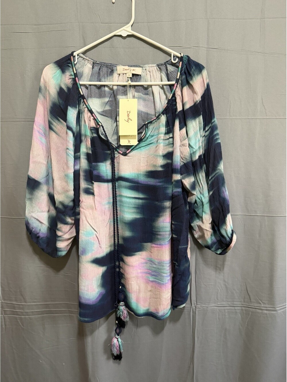 Derhy Womens Small Elmira Blouse Blue Pink Boho Tassel Tie Tunic Top NWT